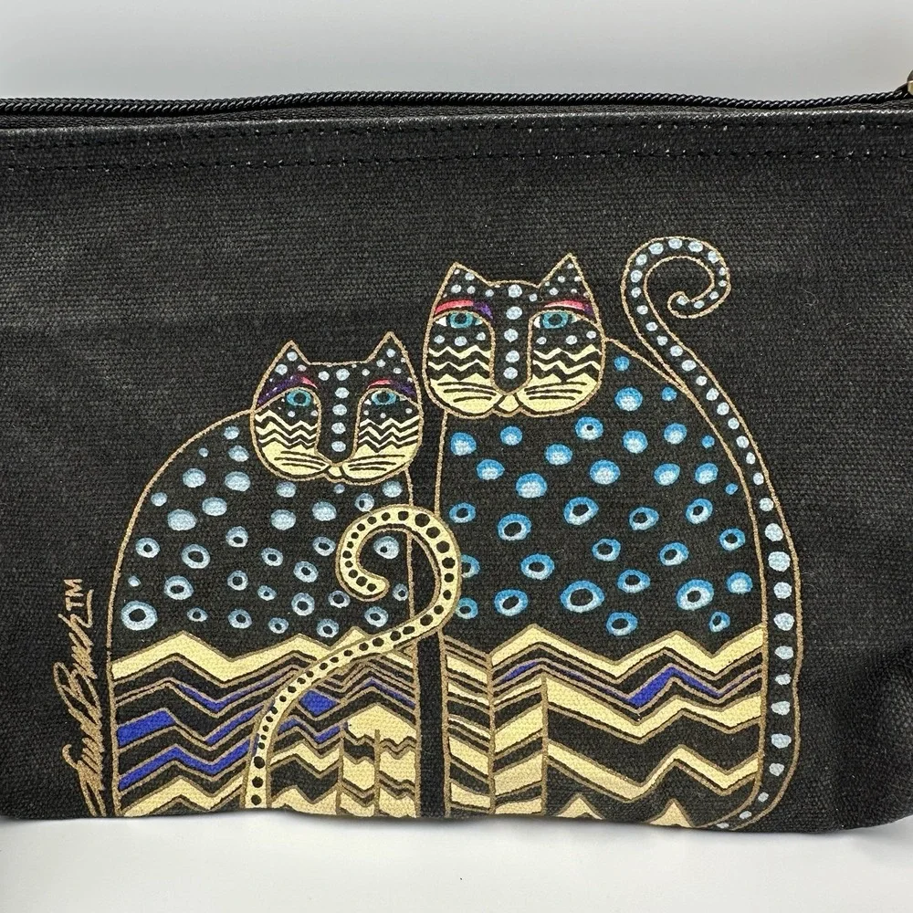 Laurel Burch Cats Zipper Pouch Cosmetic Bag‎ Black Blue Spotted 9